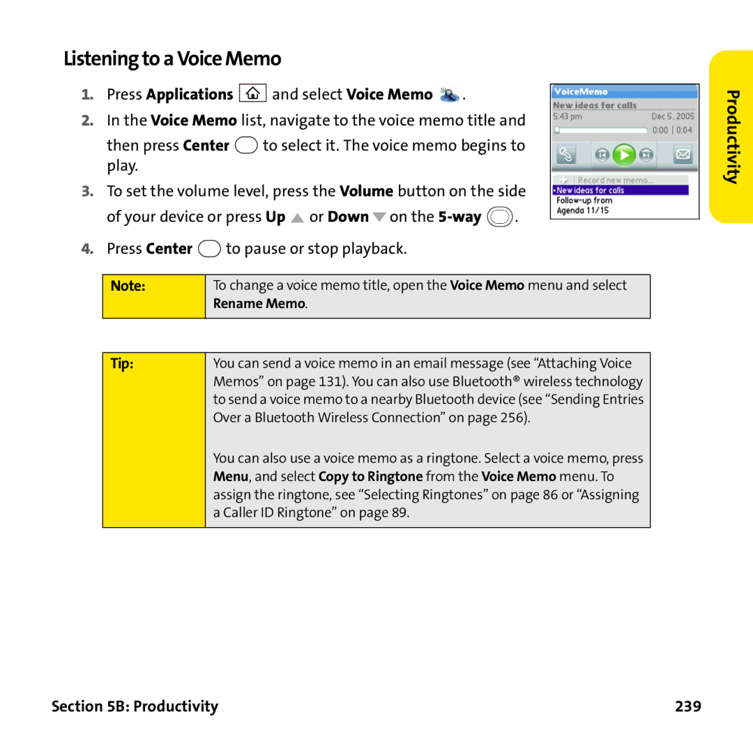 Palm PTR690HKP manual Listening to a Voice Memo, Press Applications and select Voice Memo, Productivity 239 