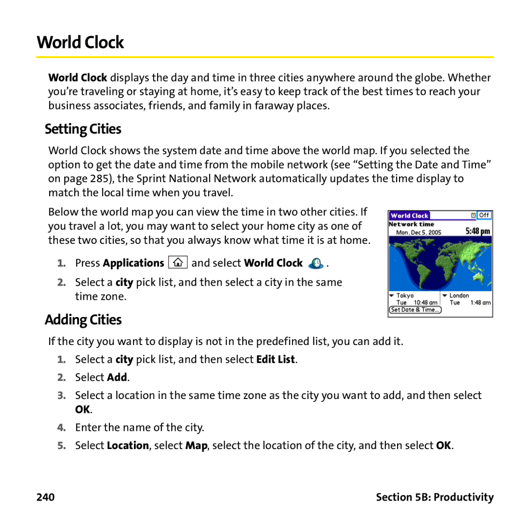 Palm PTR690HKP manual Setting Cities, Adding Cities, Press Applications and select World Clock, 240 