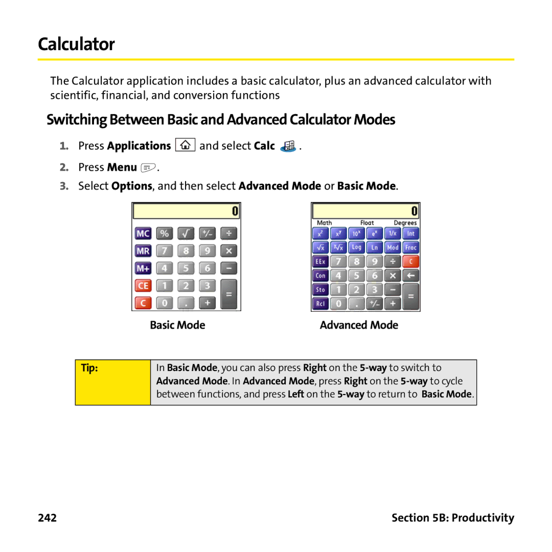 Palm PTR690HKP manual Switching Between Basic and Advanced Calculator Modes, 242 