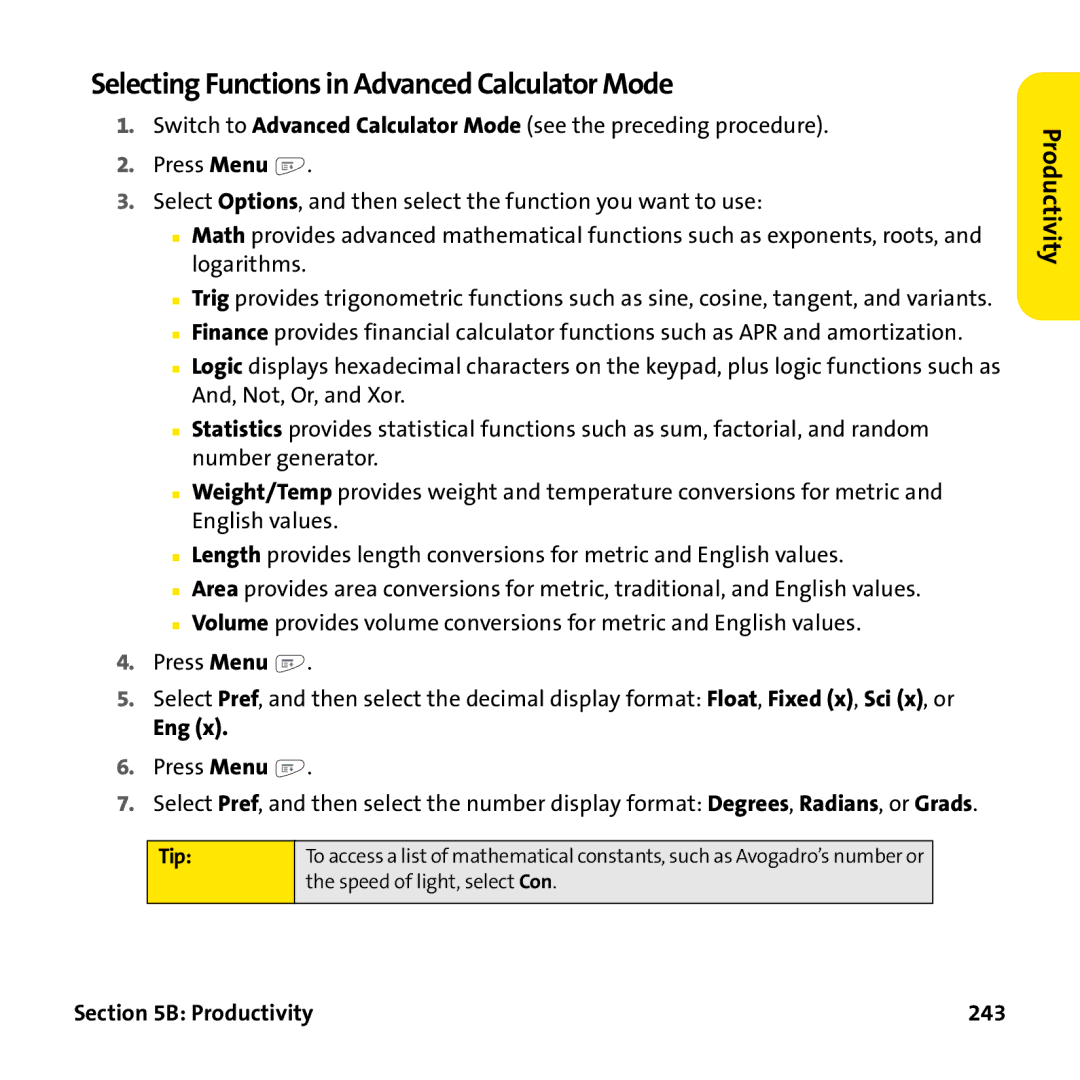 Palm PTR690HKP manual Selecting Functions in Advanced Calculator Mode, Eng, Productivity 243 