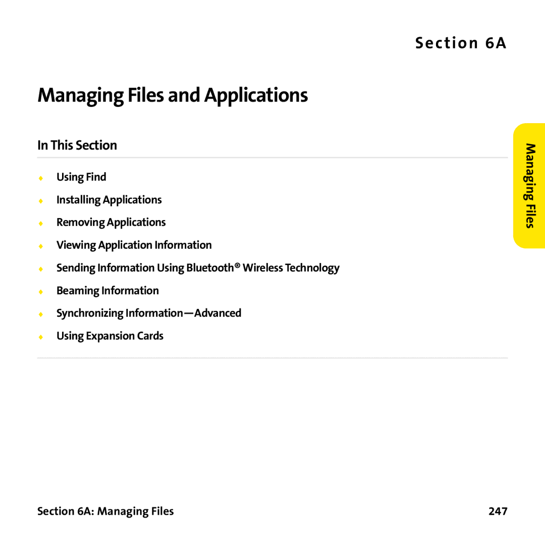 Palm PTR690HKP manual Managing Files and Applications, Managing Files 247 