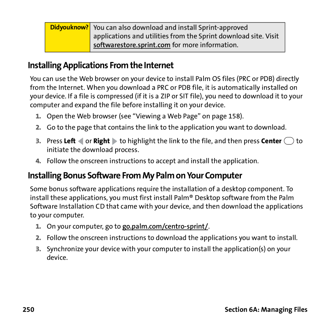 Palm PTR690HKP Installing Applications From the Internet, Installing Bonus Software From My Palm on Your Computer, 250 