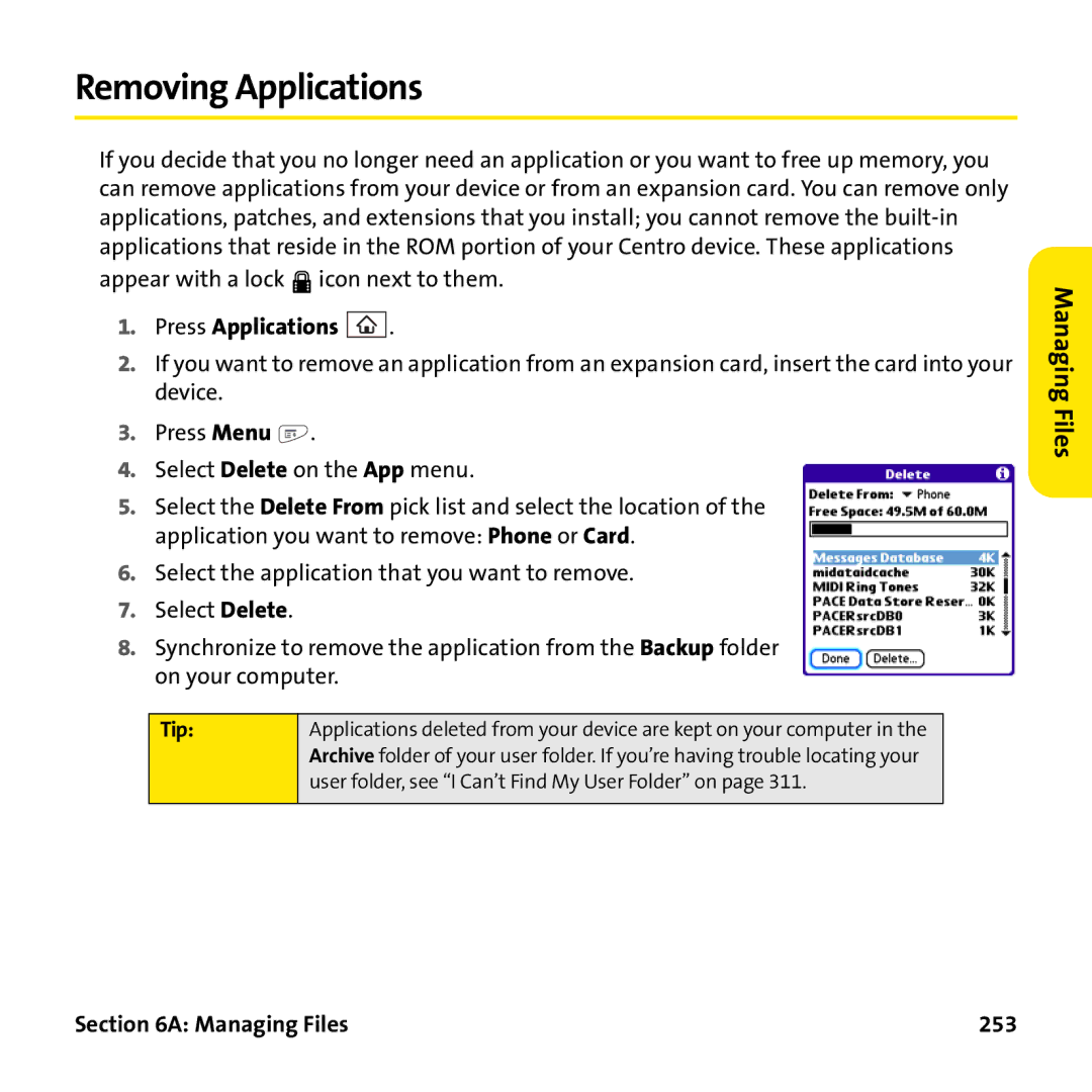 Palm PTR690HKP manual Removing Applications, Managing Files 253 