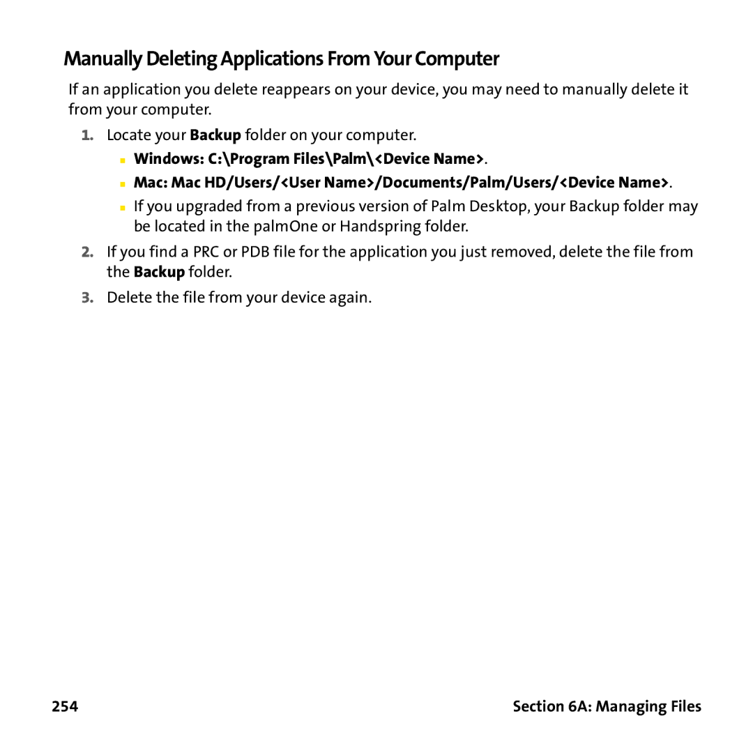 Palm PTR690HKP manual Manually Deleting Applications From Your Computer, 254 