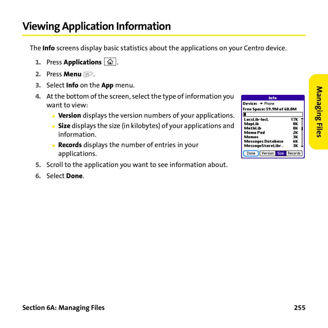 Palm PTR690HKP manual Viewing Application Information, Managing Files 255 