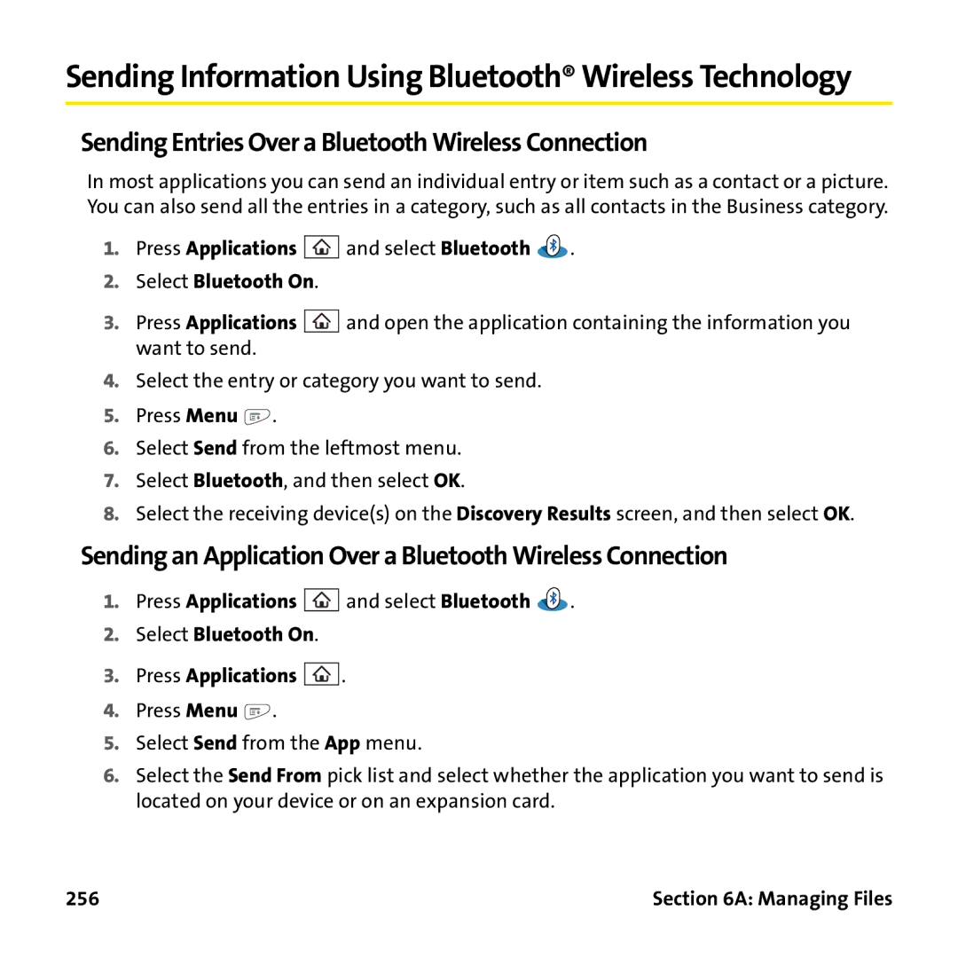 Palm PTR690HKP manual Sending Entries Over a Bluetooth Wireless Connection, Press Applications Select Bluetooth On, 256 