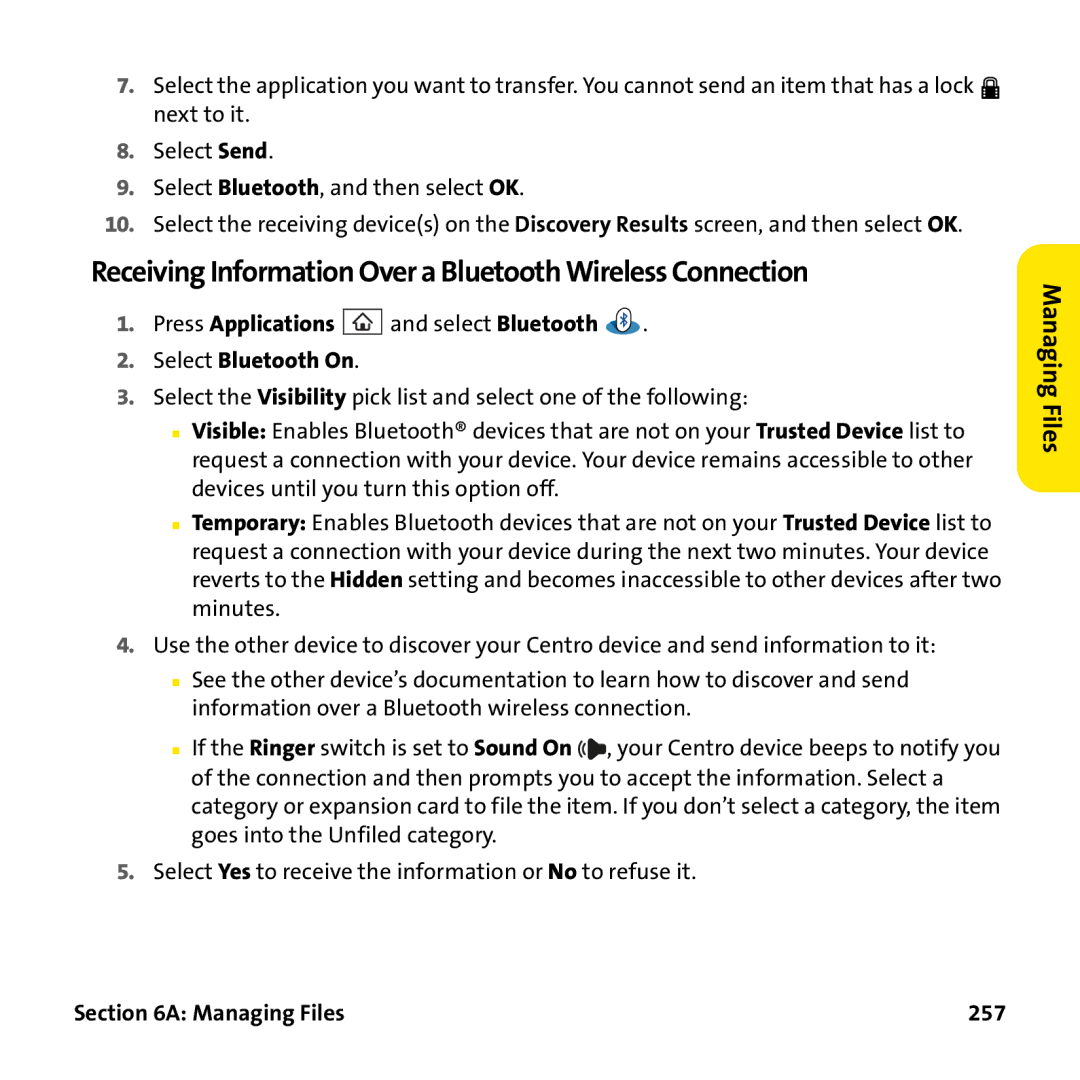 Palm PTR690HKP manual Receiving Information Over a Bluetooth Wireless Connection, Managing Files 257 