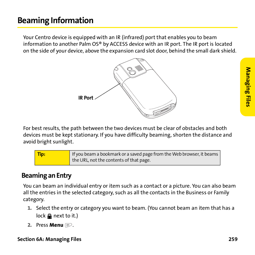 Palm PTR690HKP manual Beaming Information, Beaming an Entry, IR Port, Managing Files 259 