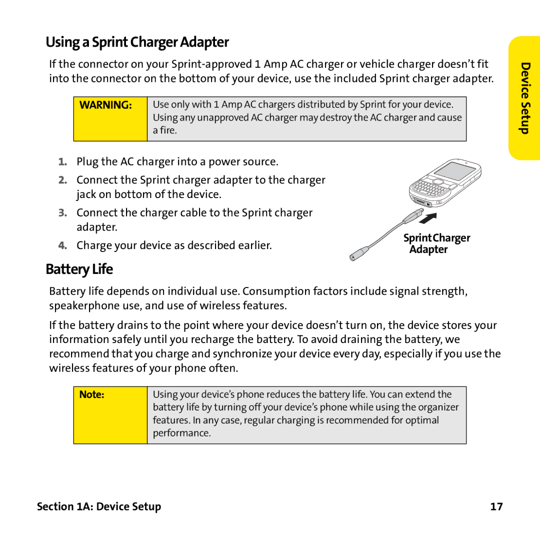 Palm PTR690HKP manual Using a Sprint Charger Adapter, Battery Life 