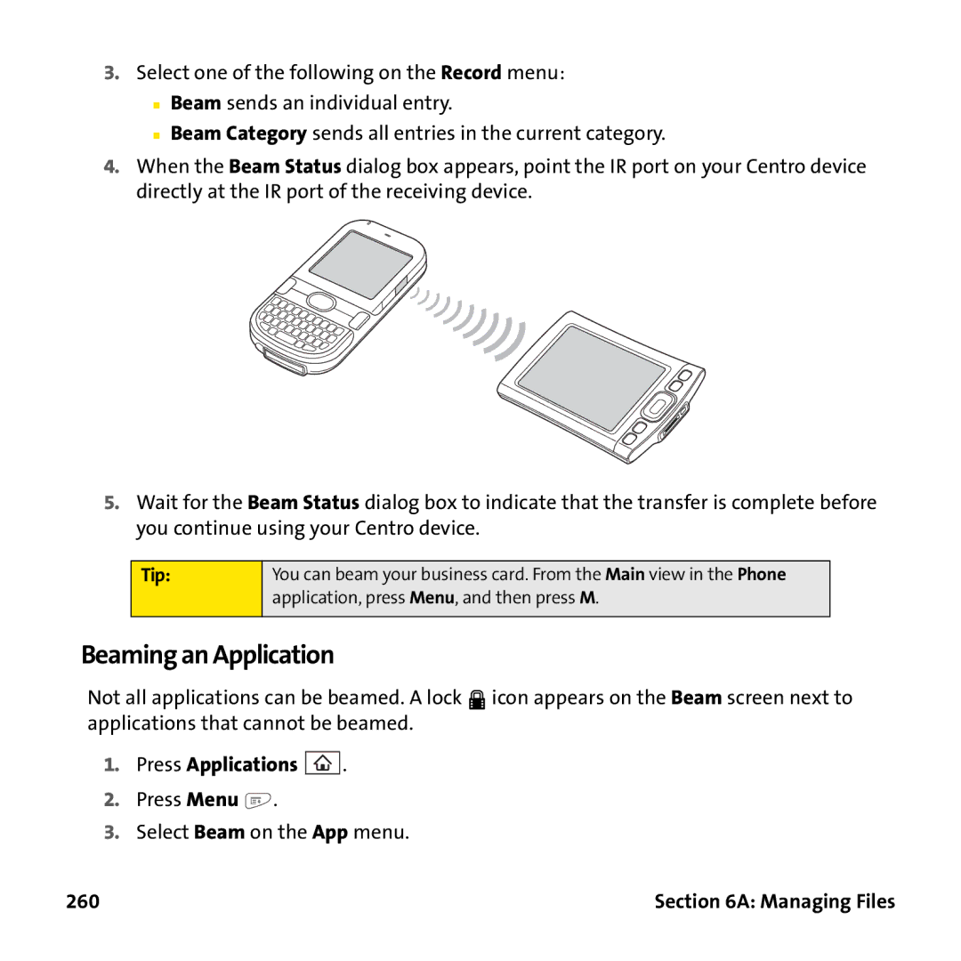 Palm PTR690HKP manual Beaming an Application, 260 