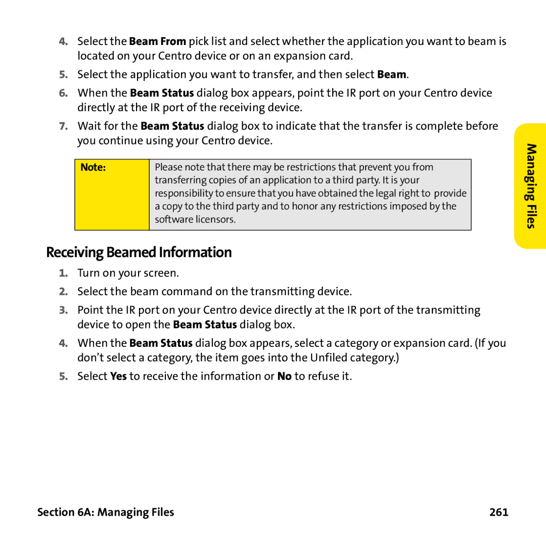 Palm PTR690HKP manual Receiving Beamed Information, Managing Files 261 