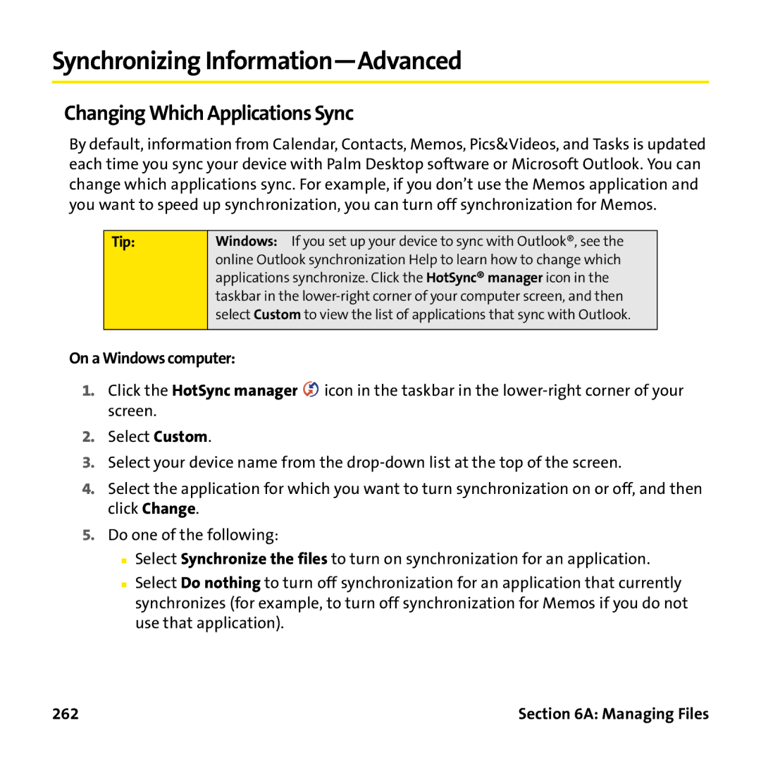 Palm PTR690HKP manual Synchronizing Information-Advanced, Changing Which Applications Sync, On a Windows computer, 262 