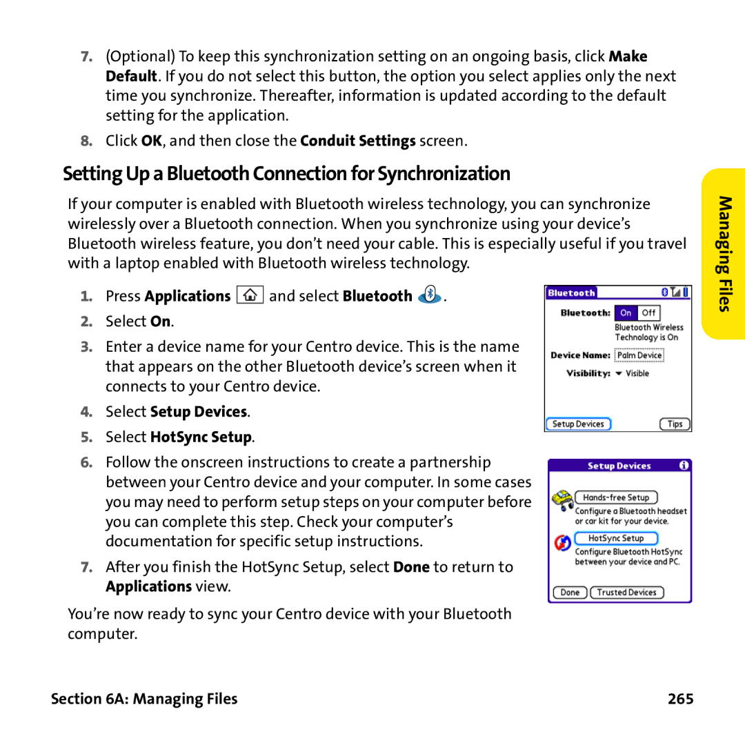 Palm PTR690HKP manual Setting Up a Bluetooth Connection for Synchronization, Select Setup Devices Select HotSync Setup 