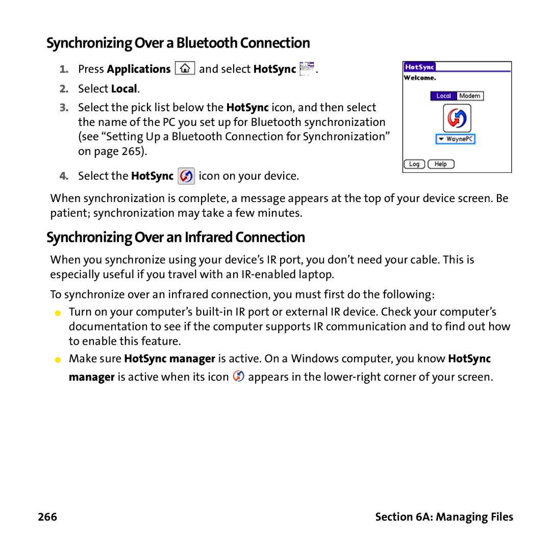 Palm PTR690HKP manual Synchronizing Over a Bluetooth Connection, Synchronizing Over an Infrared Connection, 266 