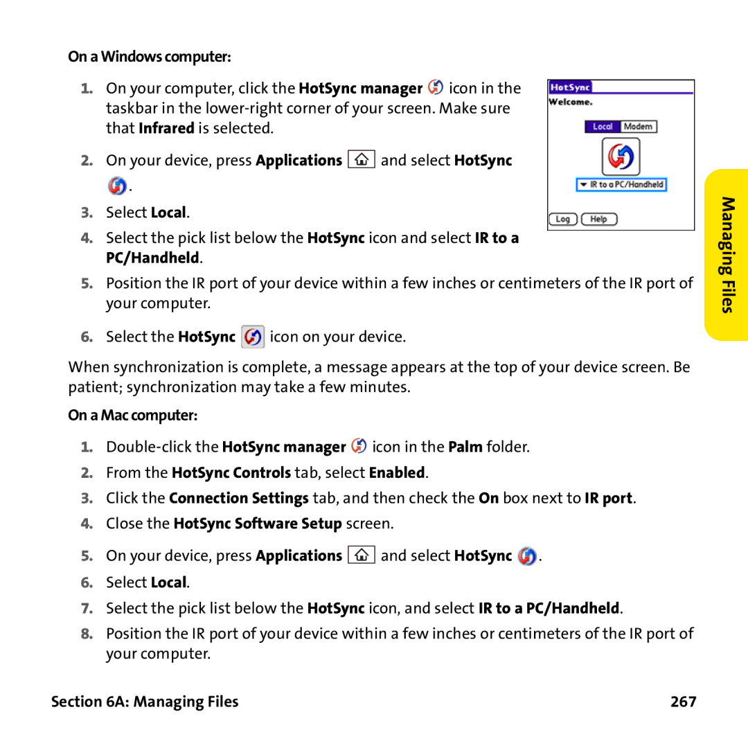 Palm PTR690HKP From the HotSync Controls tab, select Enabled, Close the HotSync Software Setup screen, Managing Files 267 