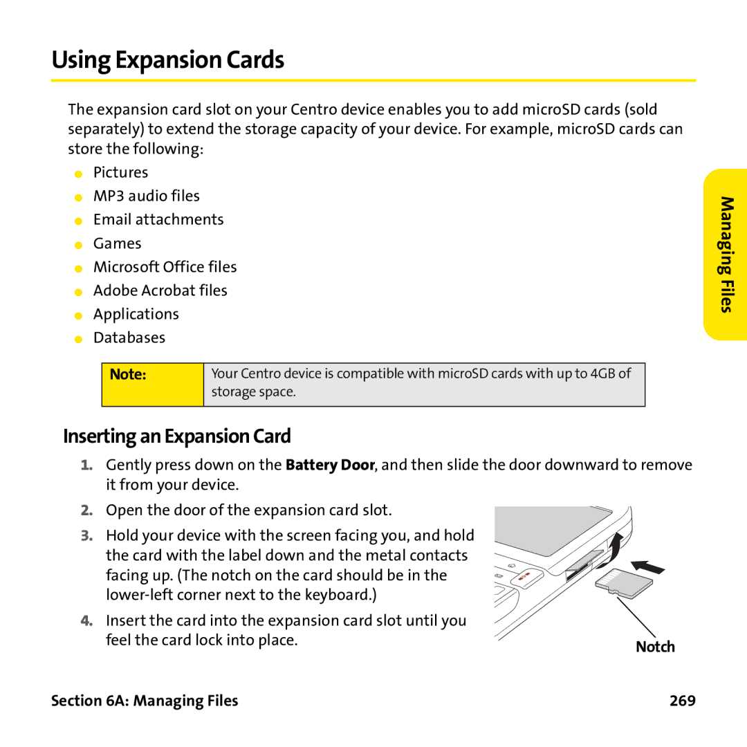 Palm PTR690HKP manual Using Expansion Cards, Inserting an Expansion Card, Feel the card lock into place, Managing Files 269 