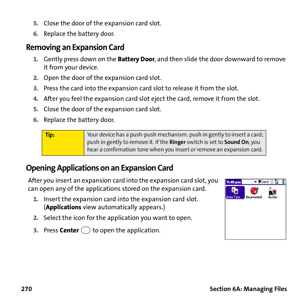 Palm PTR690HKP manual Removing an Expansion Card, Opening Applications on an Expansion Card, 270 