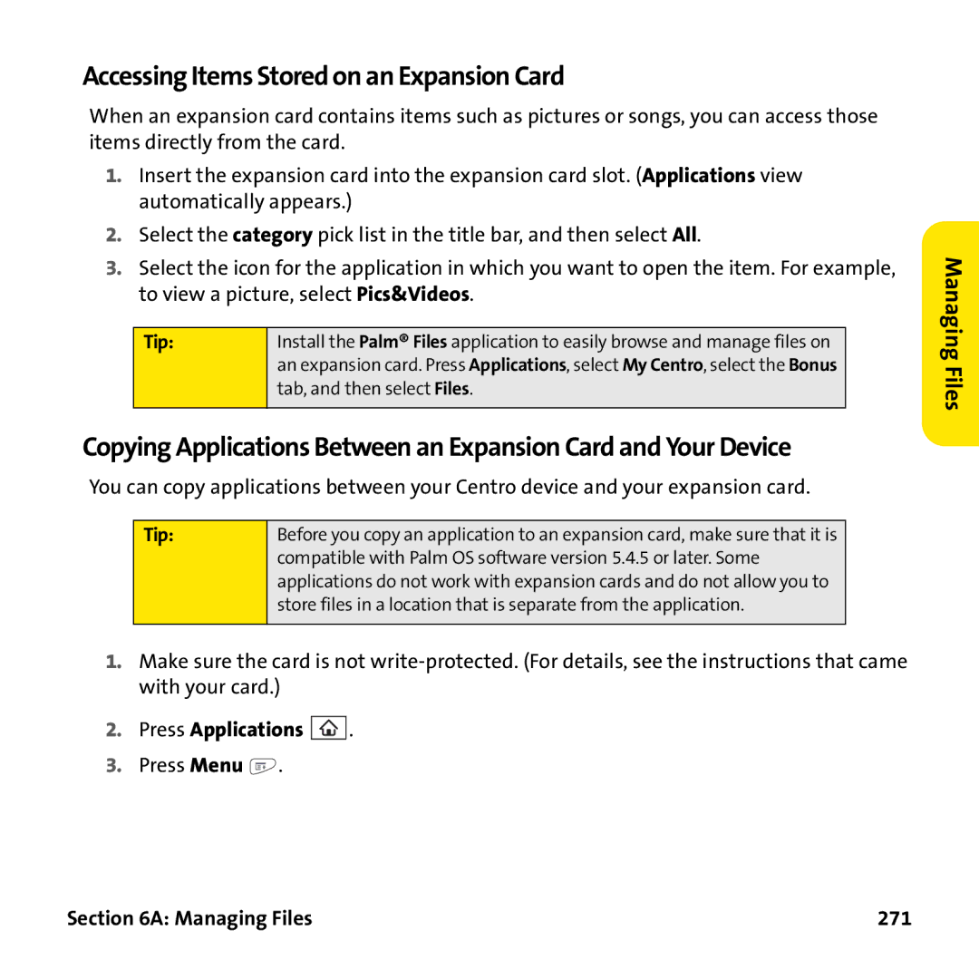 Palm PTR690HKP manual Accessing Items Stored on an Expansion Card, Managing Files 271 