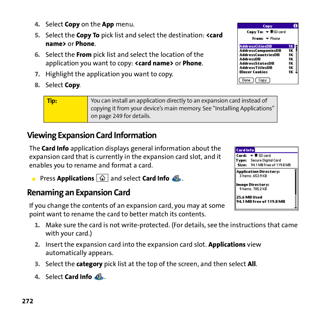 Palm PTR690HKP Viewing Expansion Card Information, Renaming an Expansion Card, Press Applications and select Card Info 