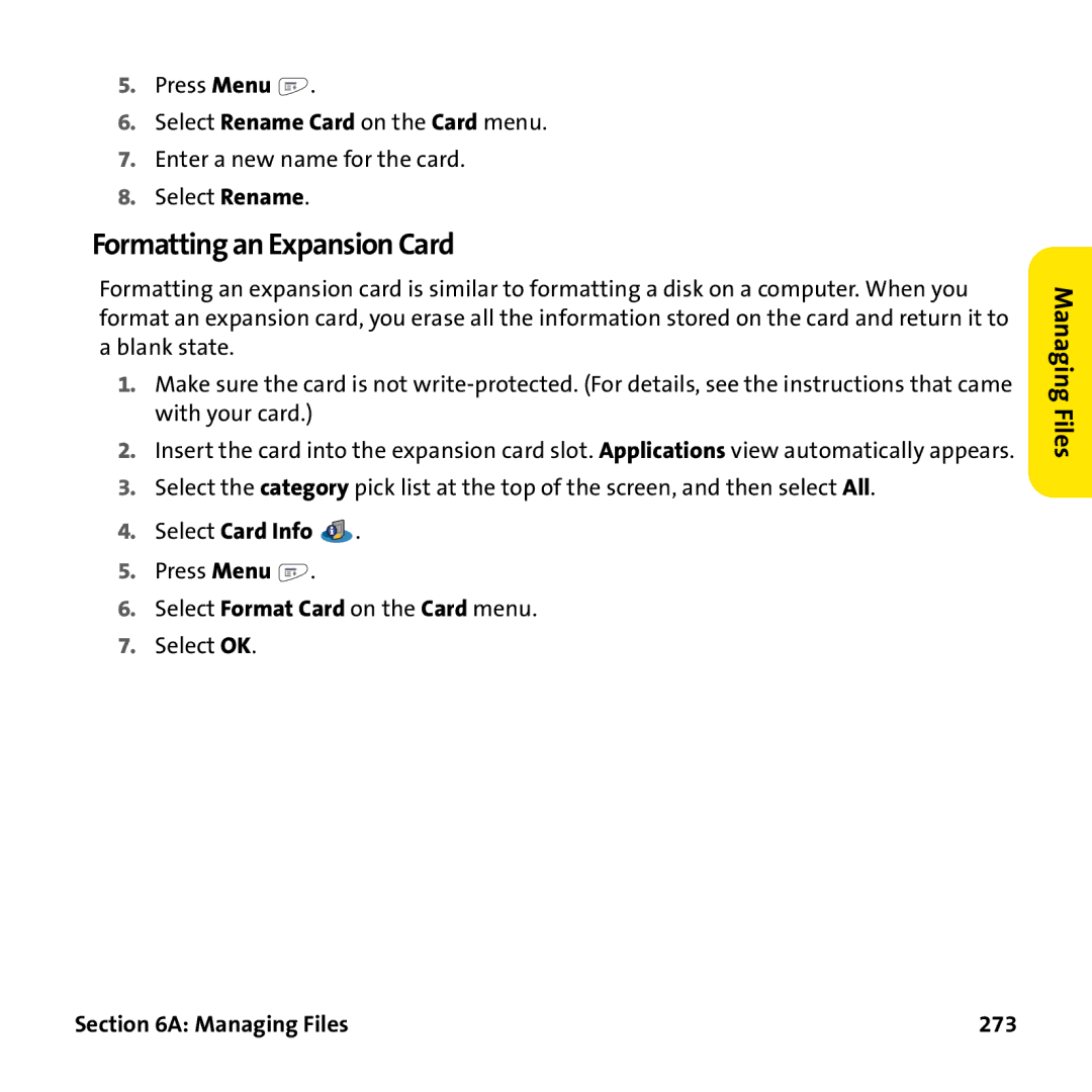 Palm PTR690HKP manual Formatting an Expansion Card, Select Card Info, Managing Files 273 