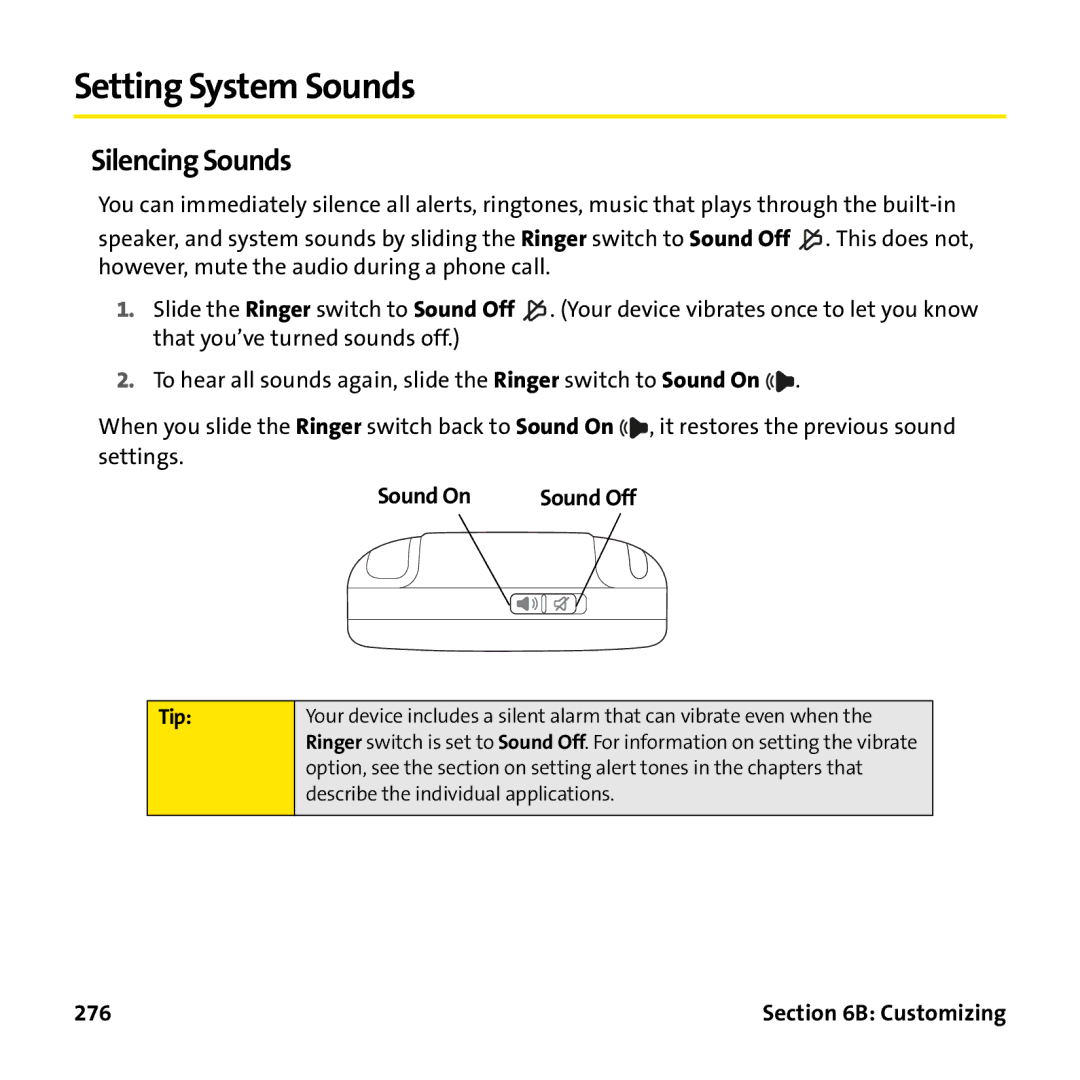 Palm PTR690HKP manual Setting System Sounds, Silencing Sounds, Sound On Sound Off Tip, 276 