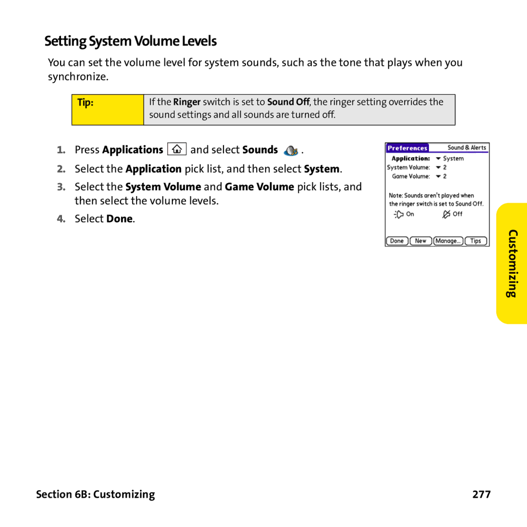 Palm PTR690HKP manual Setting System Volume Levels, Customizing 277 