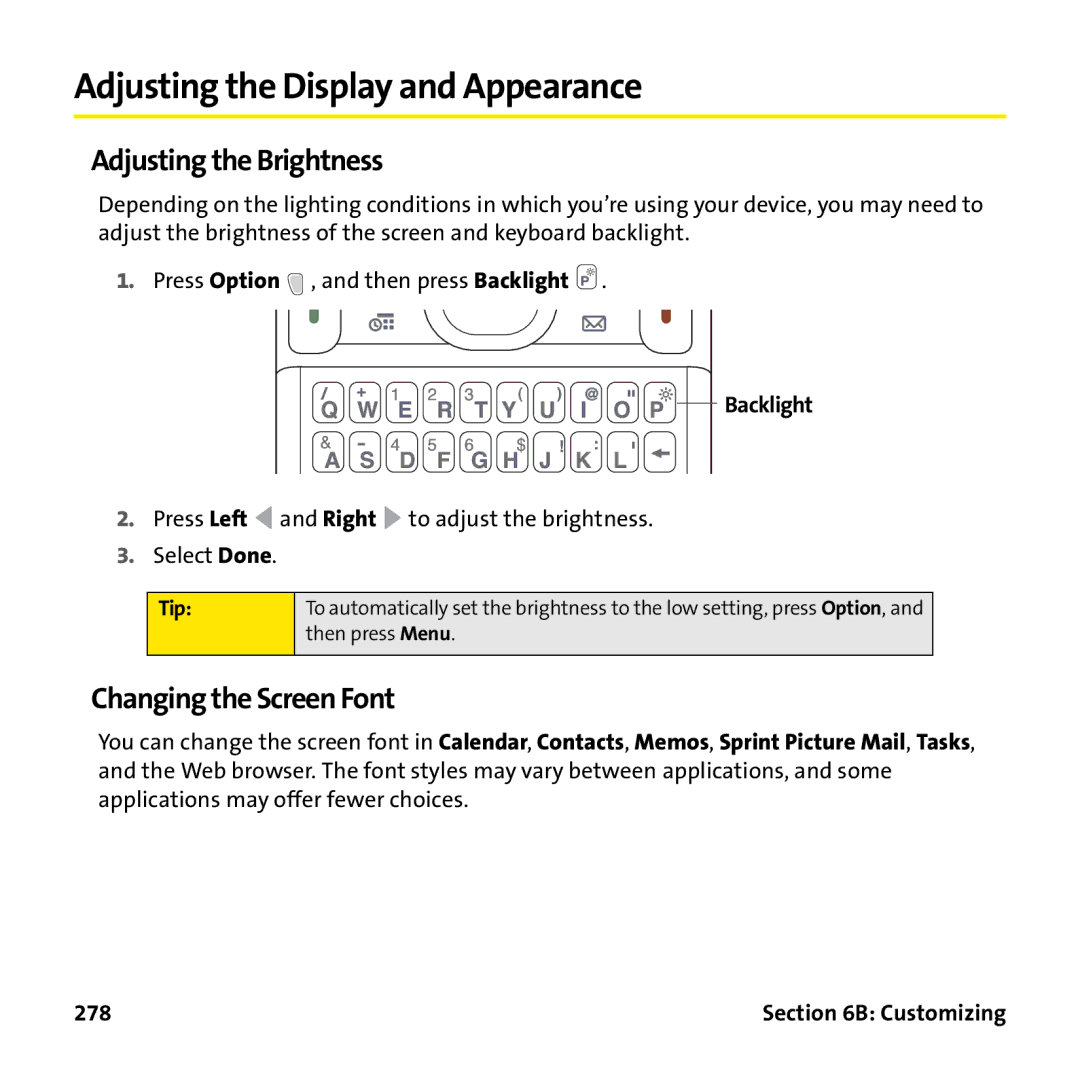 Palm PTR690HKP Adjusting the Display and Appearance, Adjusting the Brightness, Changing the Screen Font, Backlight, 278 