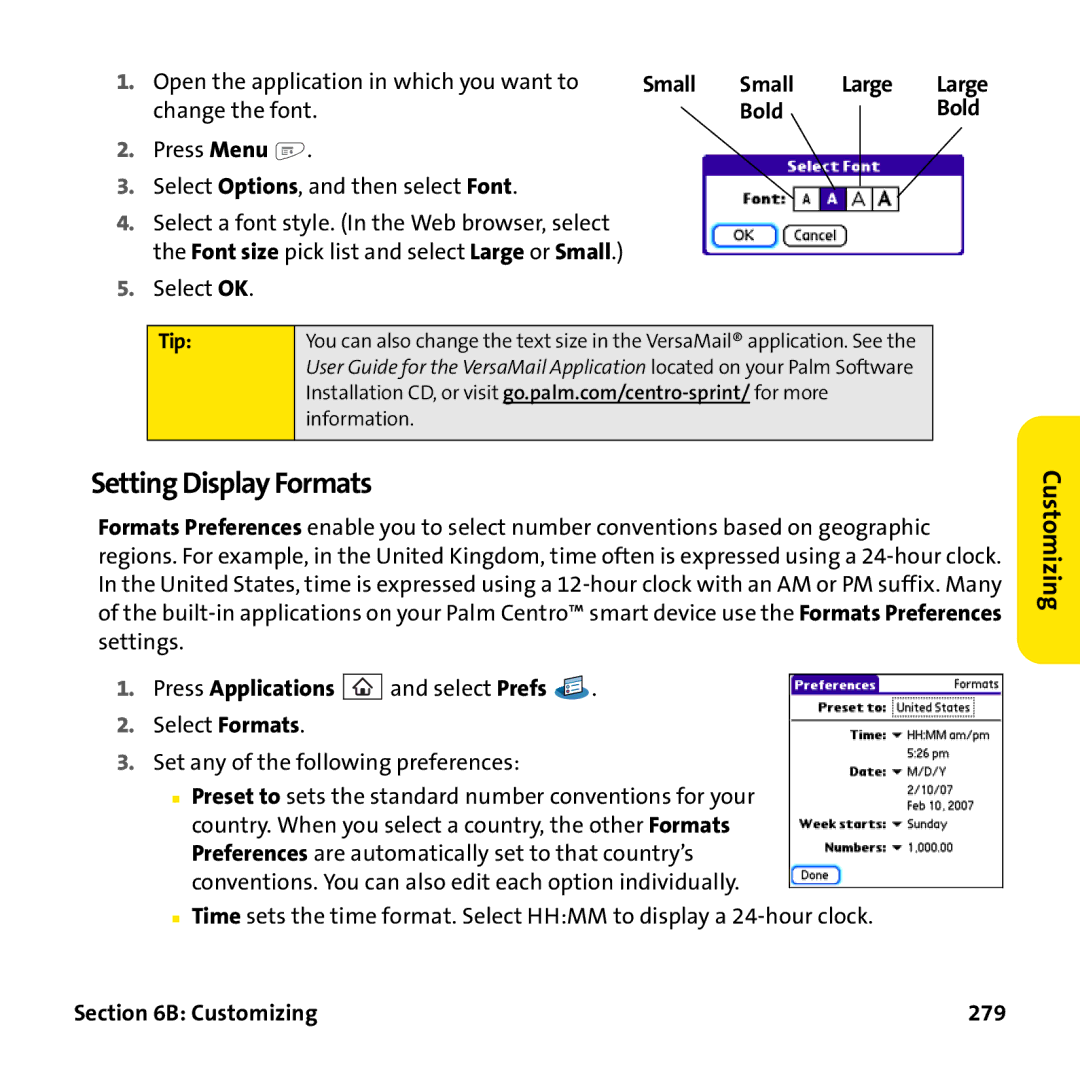 Palm PTR690HKP manual Setting Display Formats, Open the application in which you want to Small Large, Change the font Bold 