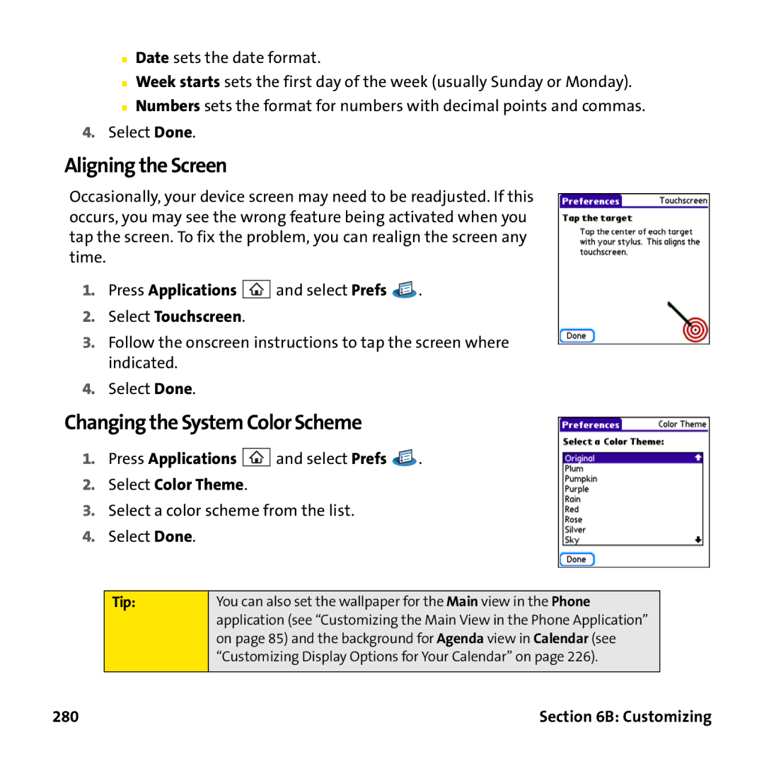 Palm PTR690HKP manual Aligning the Screen, Changing the System Color Scheme, Select Touchscreen, Select Color Theme, 280 