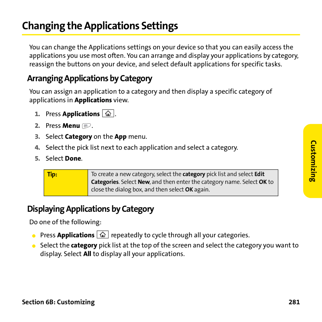 Palm PTR690HKP Changing the Applications Settings, Arranging Applications by Category, Displaying Applications by Category 