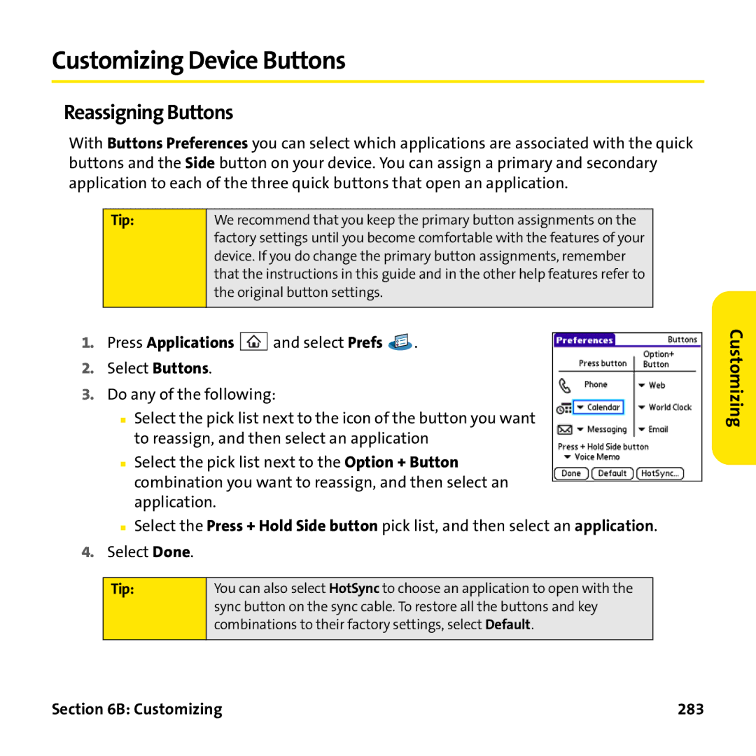 Palm PTR690HKP manual Customizing Device Buttons, Reassigning Buttons, Customizing 283 