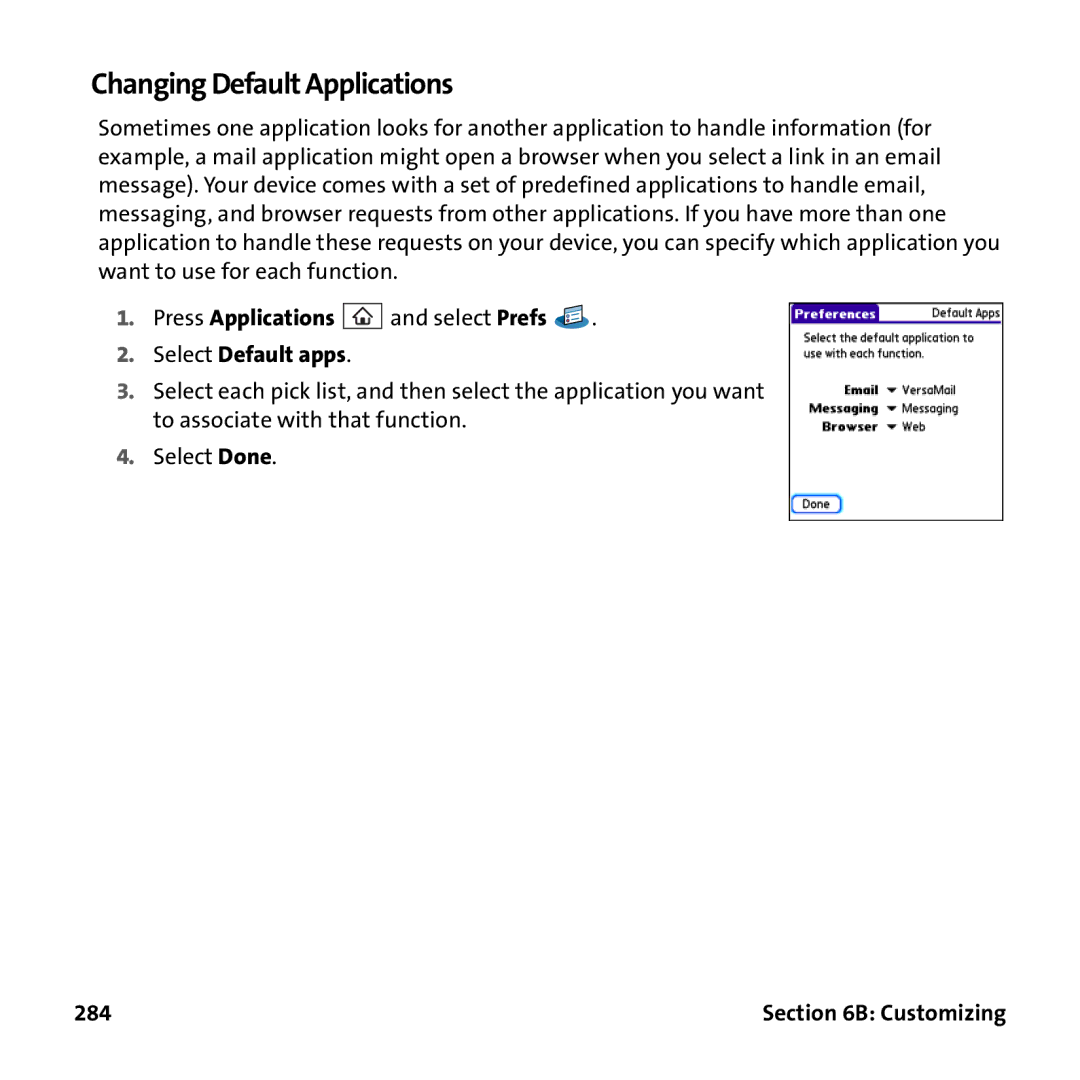 Palm PTR690HKP manual Changing Default Applications, Select Default apps, 284 