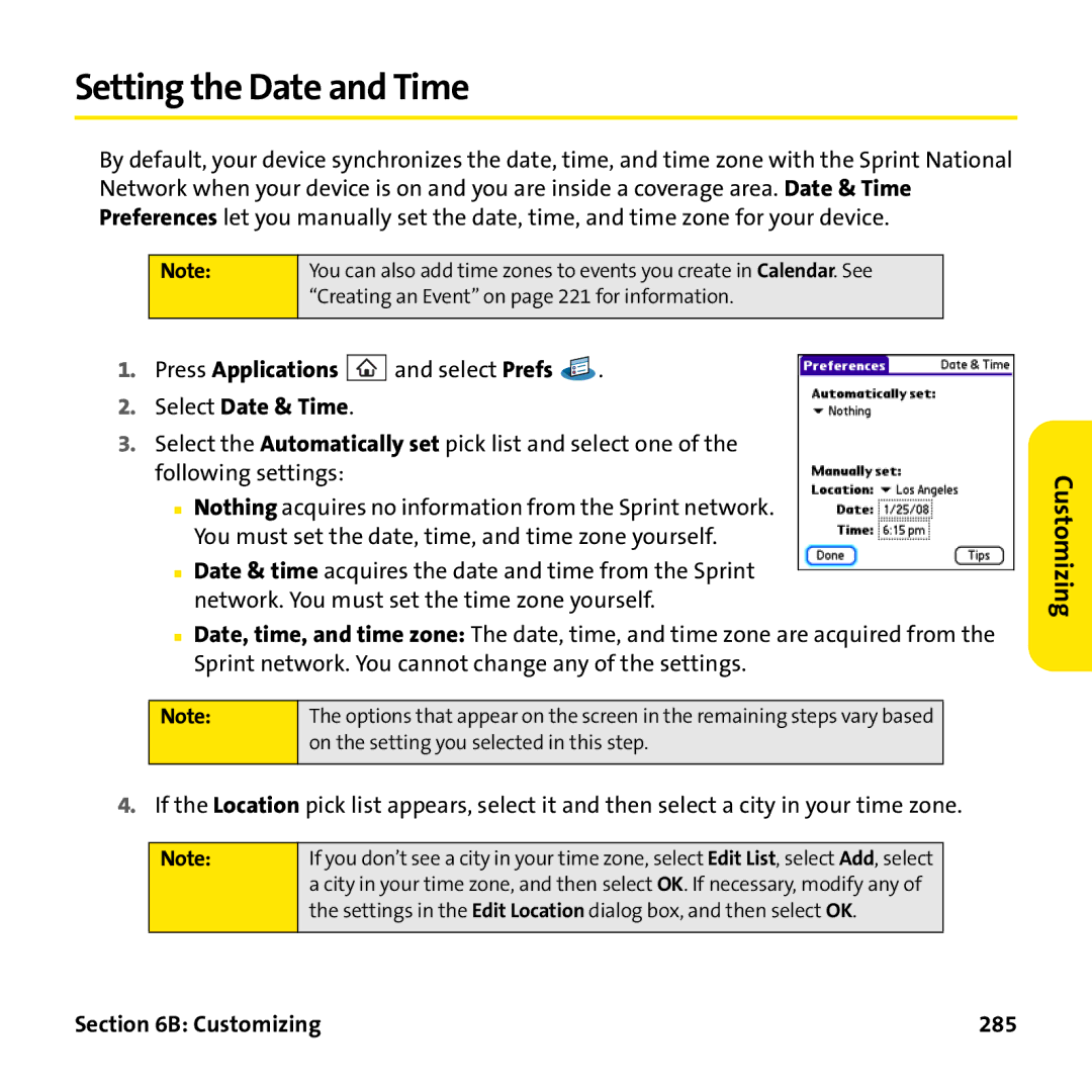 Palm PTR690HKP manual Setting the Date and Time, Select Date & Time, Customizing 285 