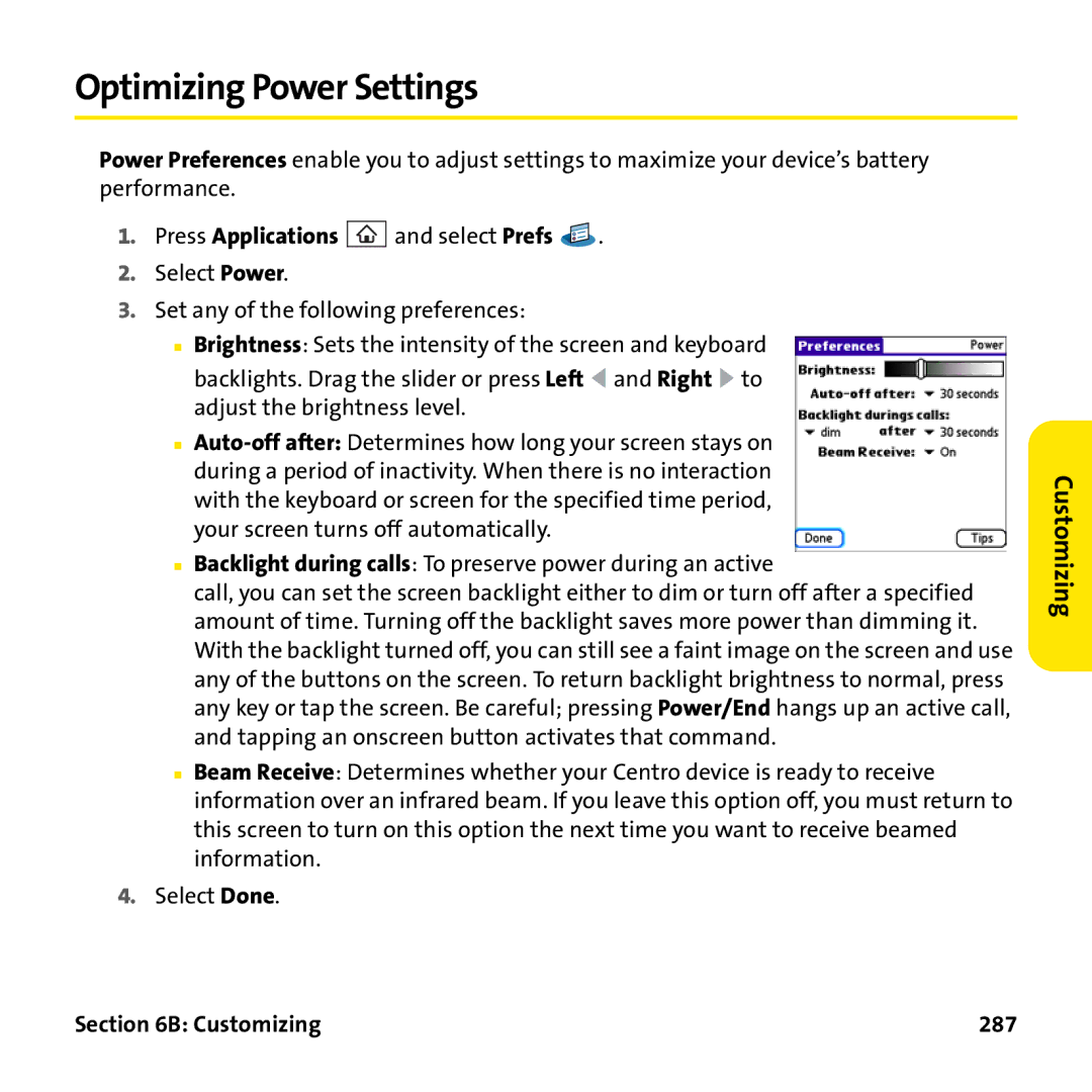 Palm PTR690HKP manual Optimizing Power Settings, Customizing 287 