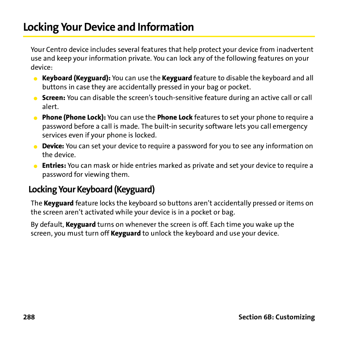 Palm PTR690HKP manual Locking Your Device and Information, Locking Your Keyboard Keyguard, 288 