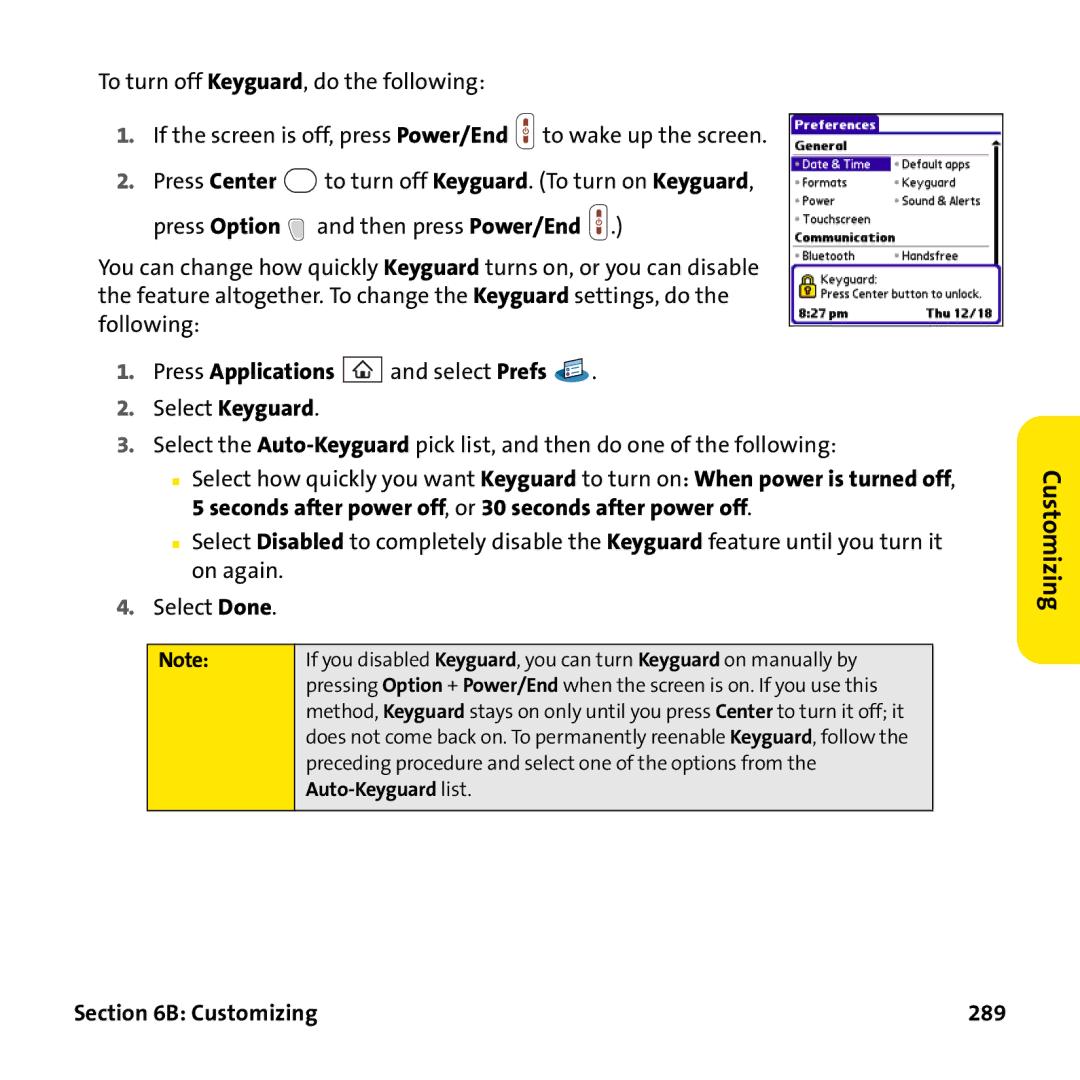 Palm PTR690HKP manual Customizing 289 