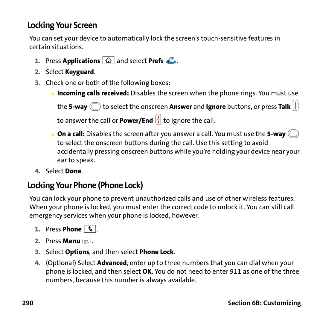 Palm PTR690HKP manual Locking Your Screen, Locking Your Phone Phone Lock, 290 