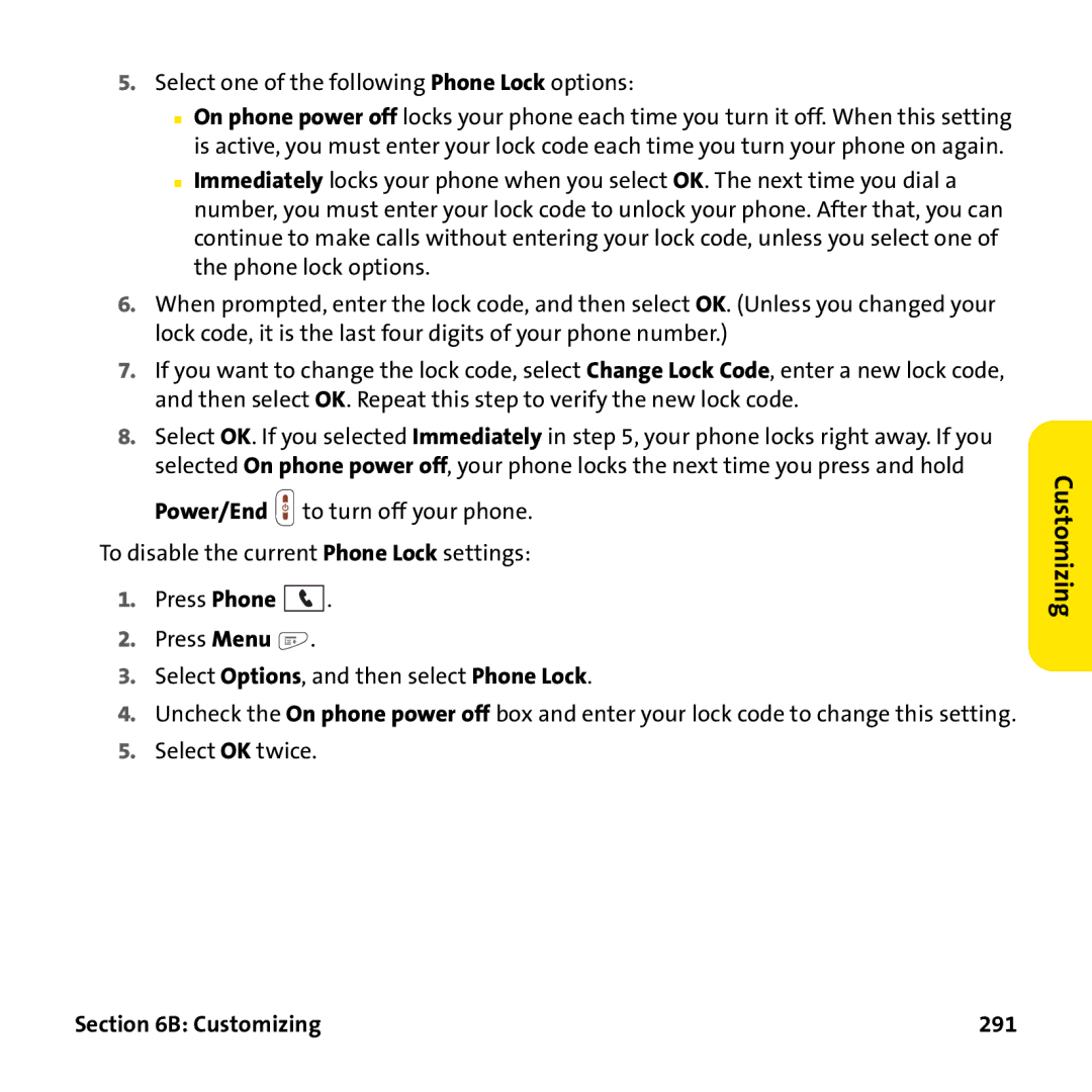 Palm PTR690HKP manual Select one of the following Phone Lock options, Customizing 291 