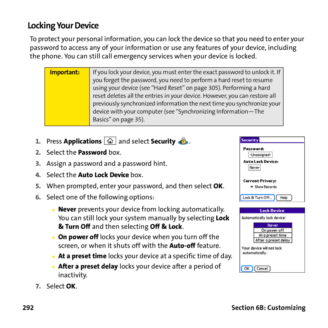 Palm PTR690HKP manual Locking Your Device, Press Applications and select Security, Select the Auto Lock Device box, 292 