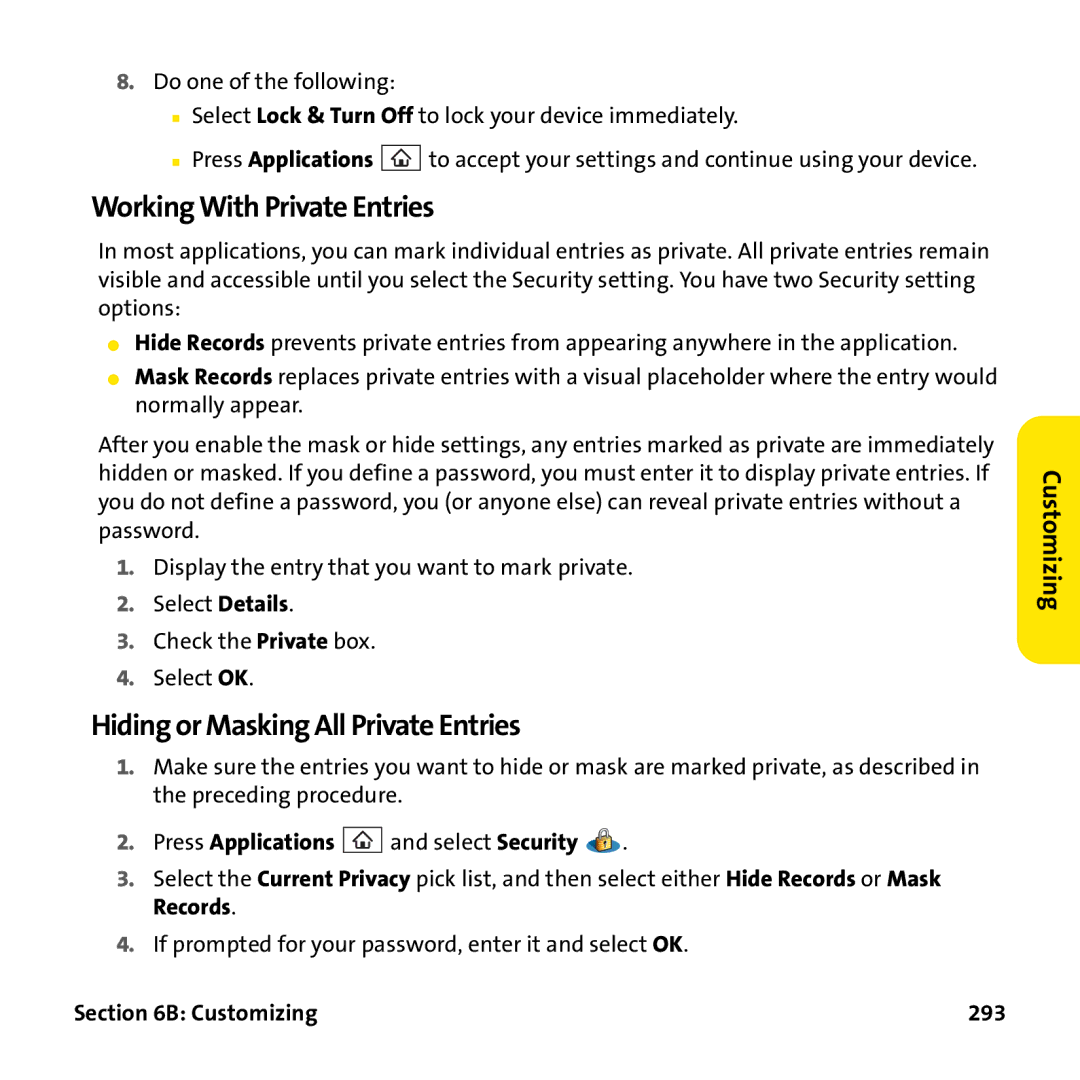Palm PTR690HKP manual Working With Private Entries, Hiding or Masking All Private Entries, Customizing 293 