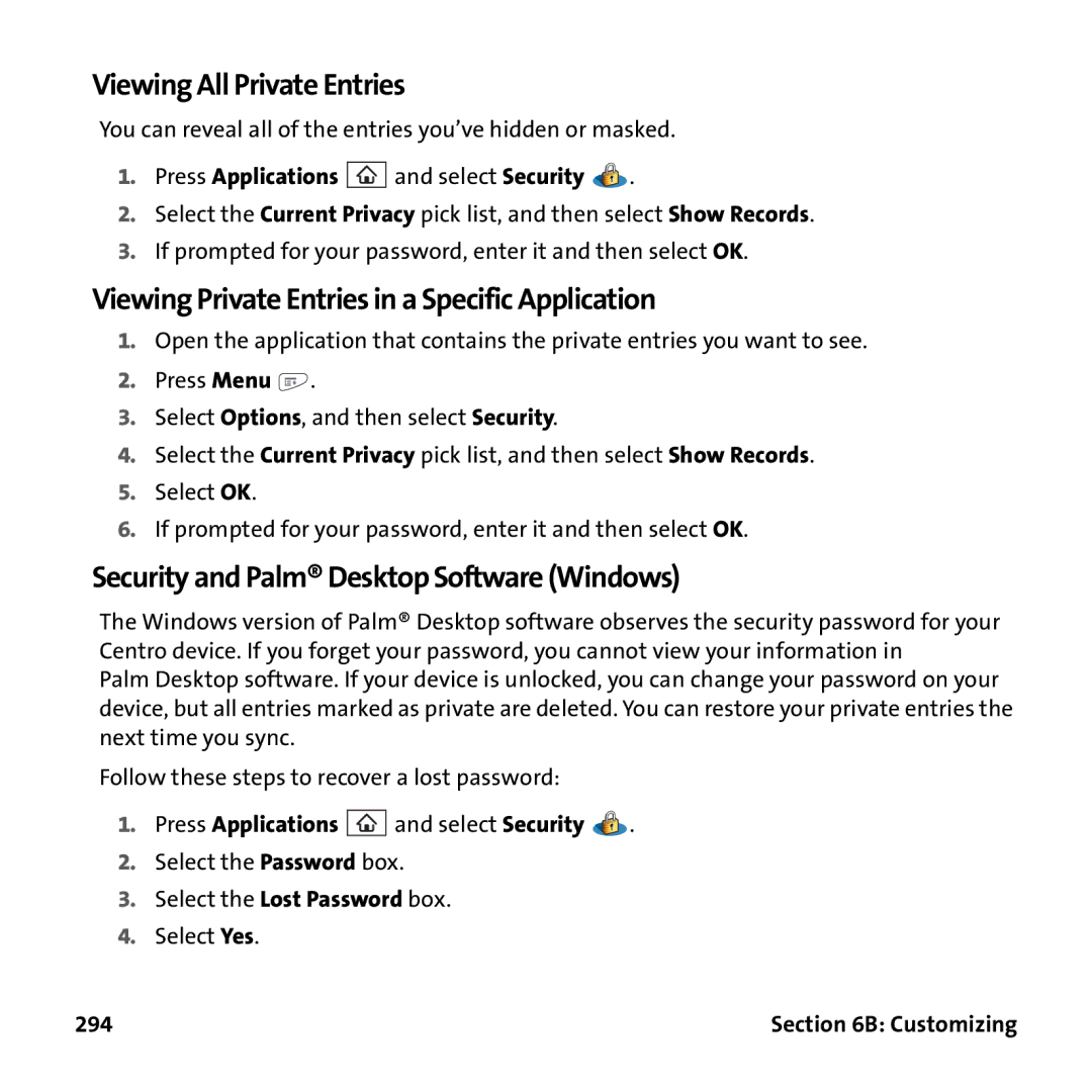Palm PTR690HKP manual Viewing All Private Entries, Viewing Private Entries in a Specific Application, 294 