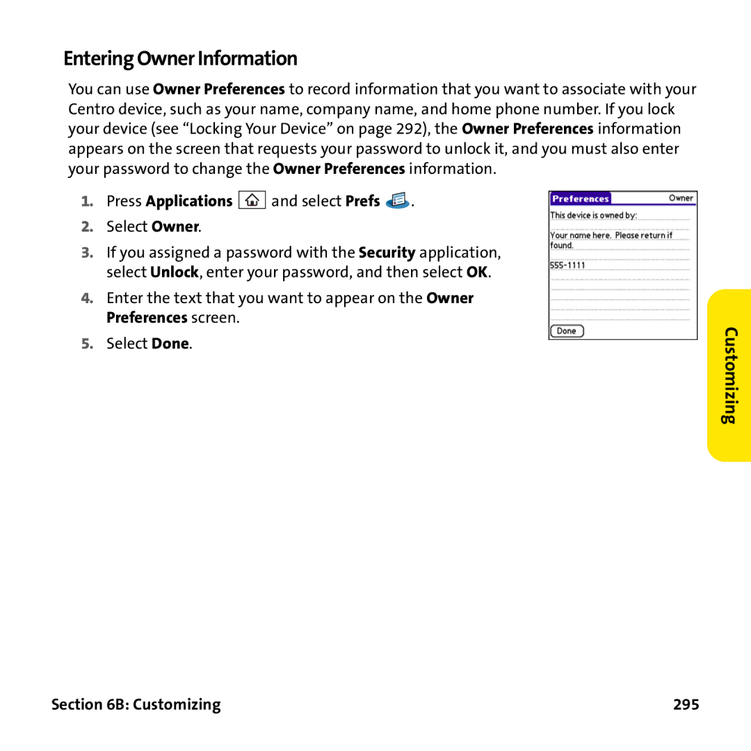 Palm PTR690HKP manual Entering Owner Information, Customizing 295 