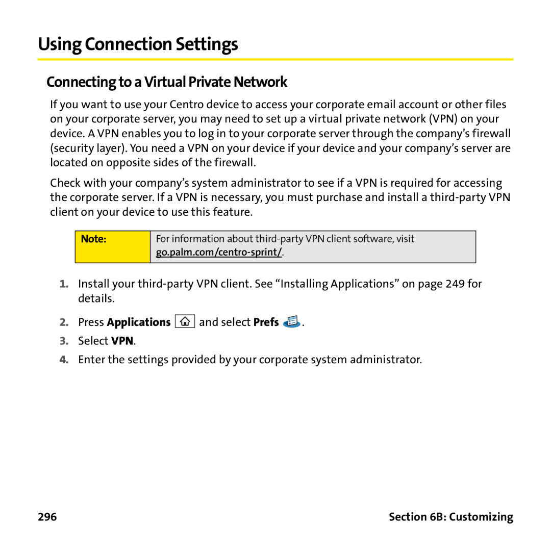 Palm PTR690HKP manual Using Connection Settings, Connecting to a Virtual Private Network, 296 