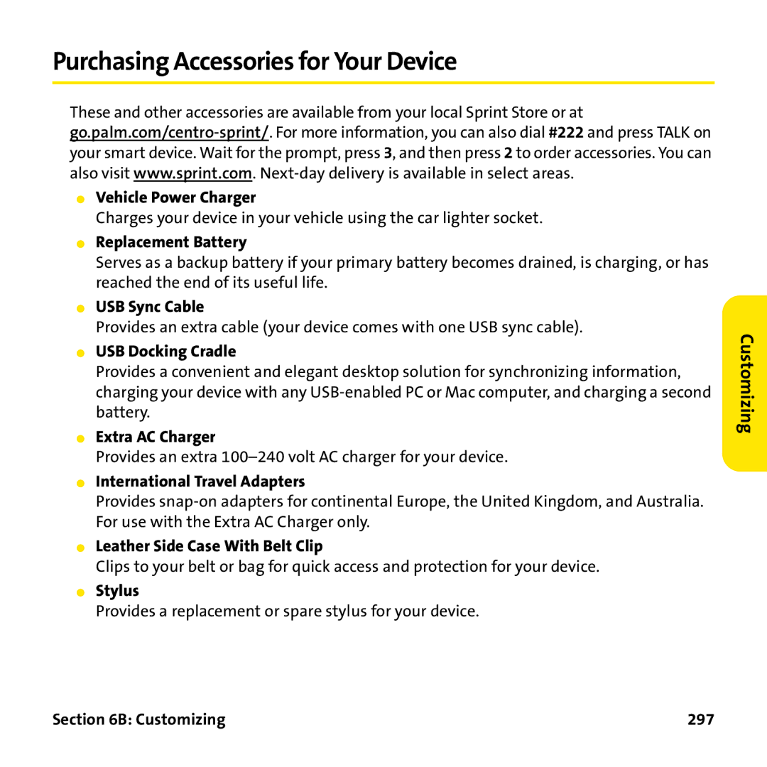 Palm PTR690HKP manual Purchasing Accessories for Your Device 