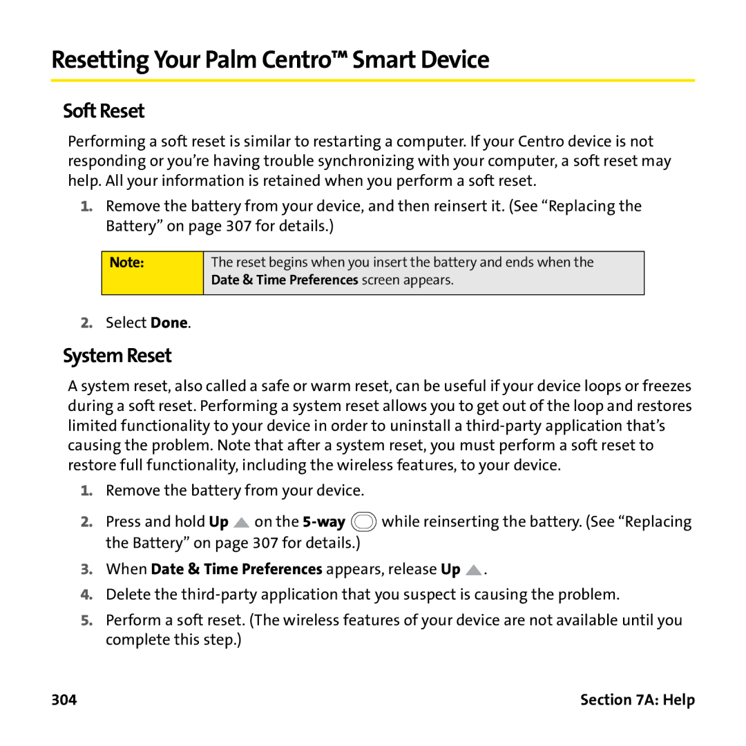 Palm PTR690HKP manual Resetting Your Palm Centro Smart Device, Soft Reset, System Reset, 304 