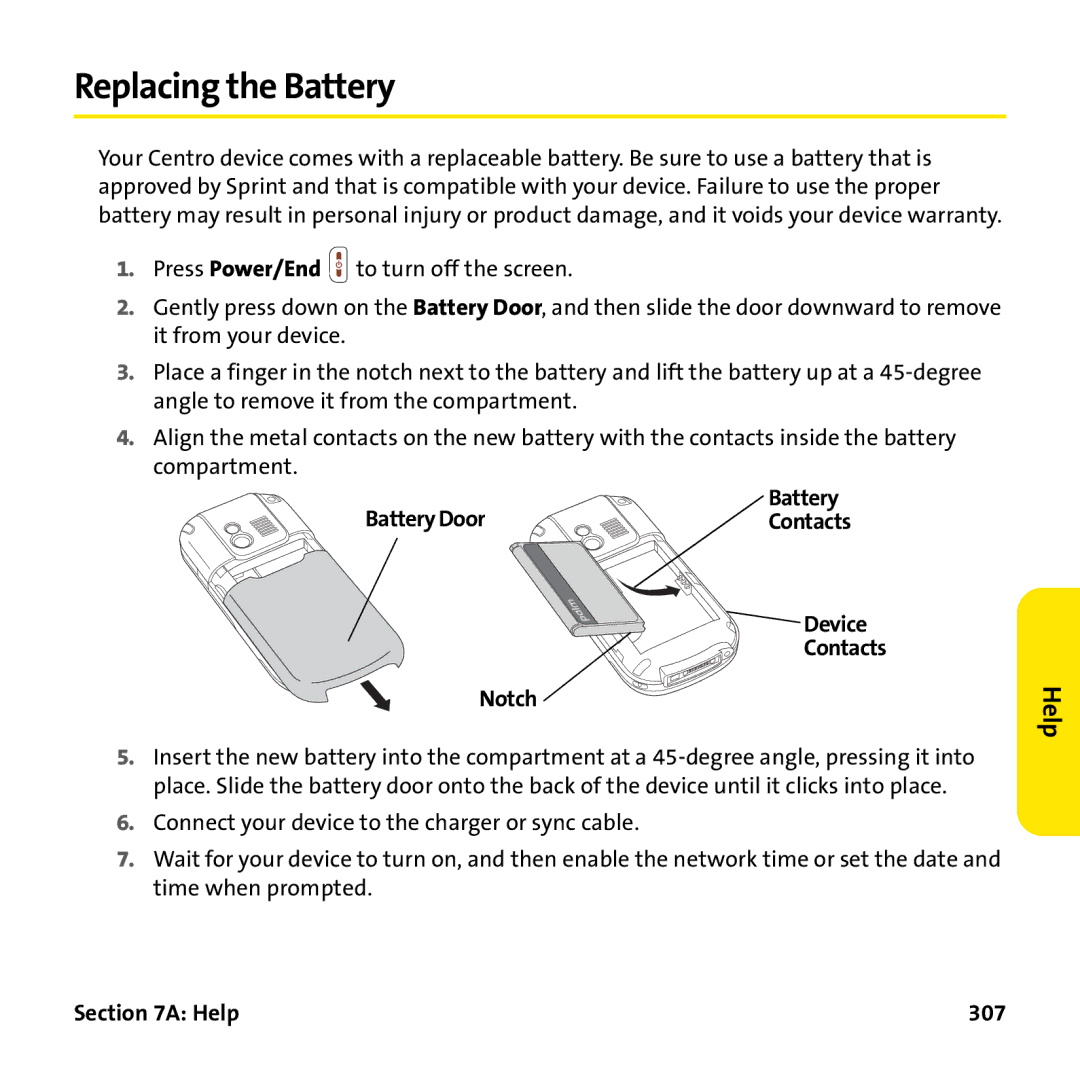 Palm PTR690HKP manual Replacing the Battery, Battery Door Contacts Device, Notch, Help 307 