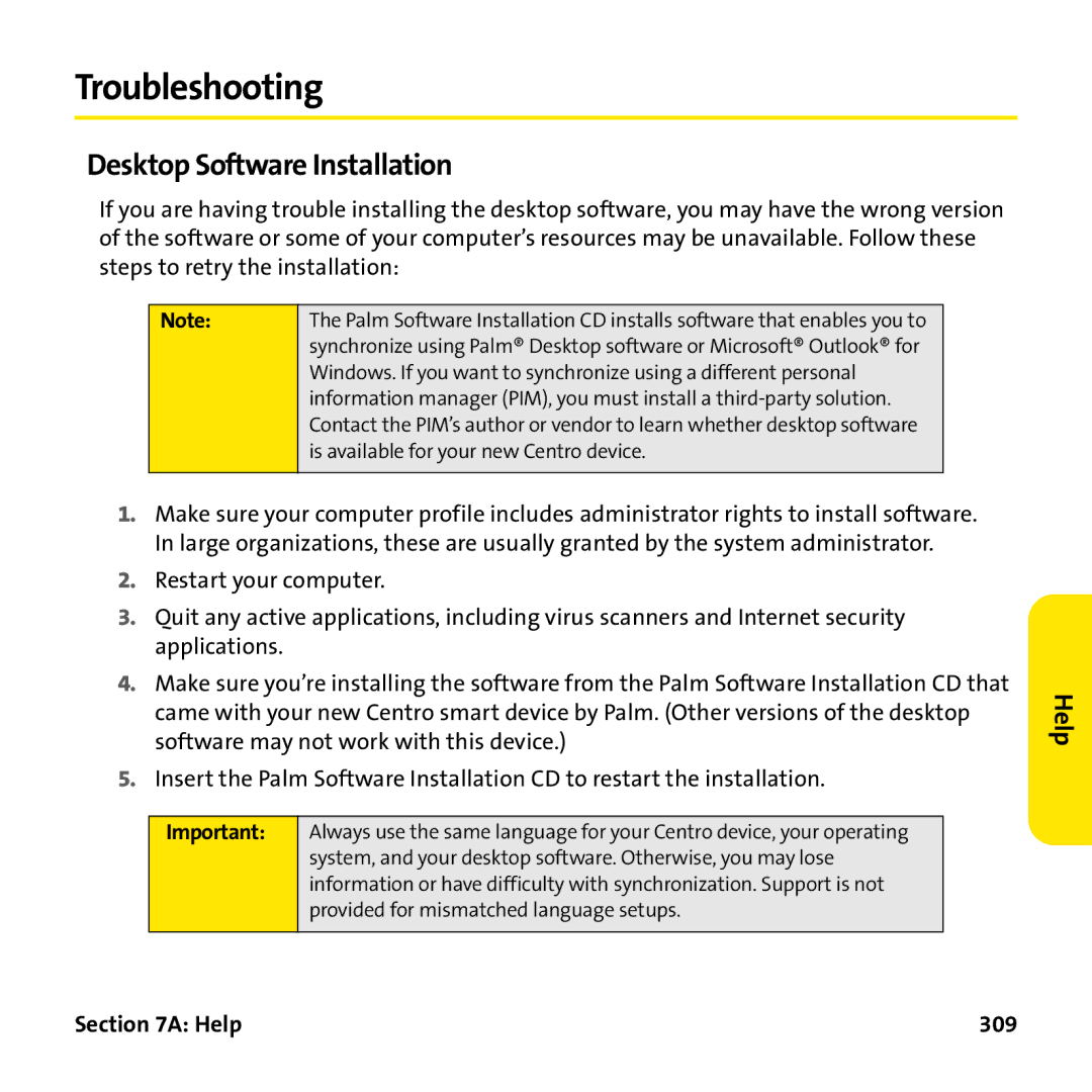 Palm PTR690HKP manual Troubleshooting, Desktop Software Installation, Help 309 