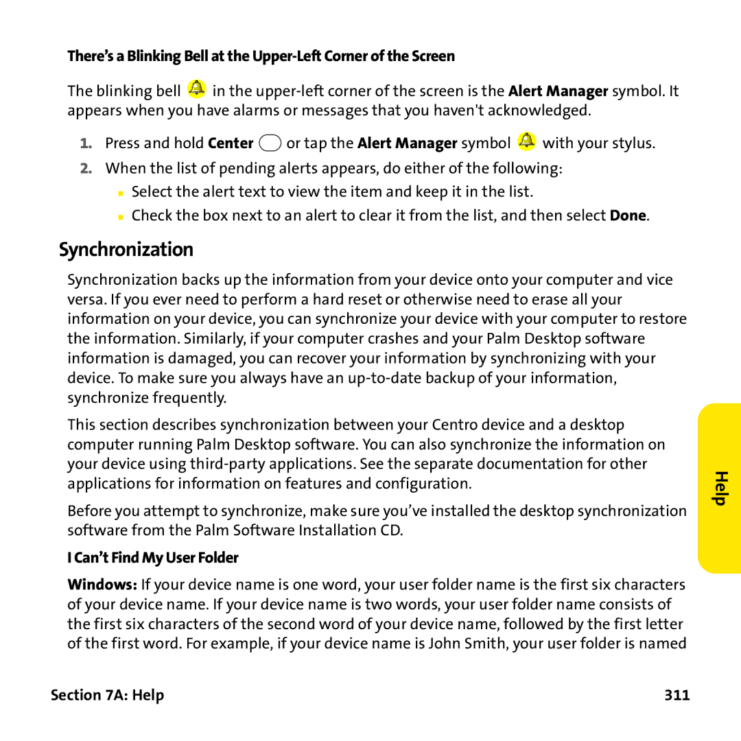 Palm PTR690HKP manual Synchronization, Can’t Find My User Folder, Help 311 