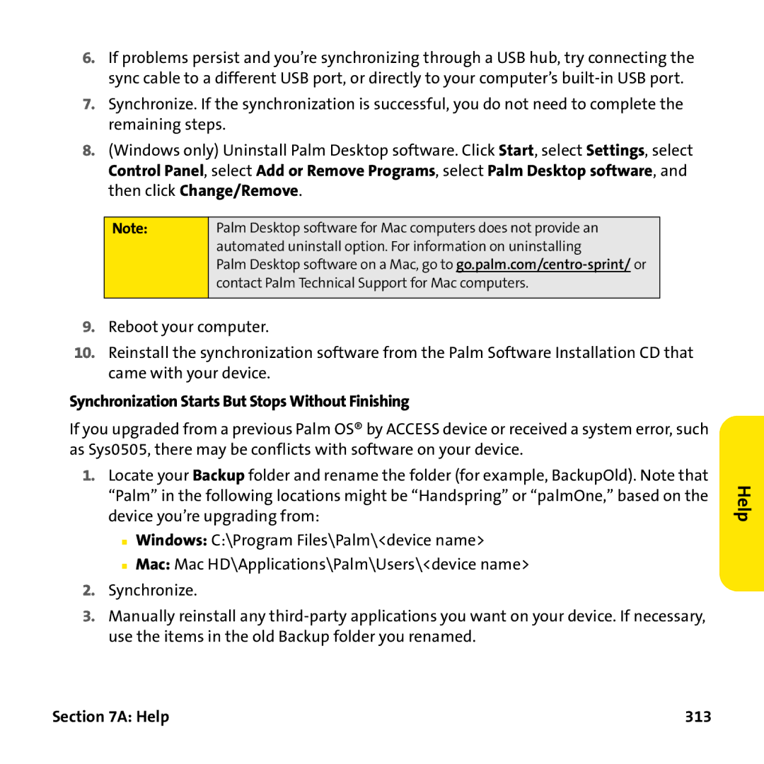 Palm PTR690HKP manual Synchronization Starts But Stops Without Finishing, Help 313 