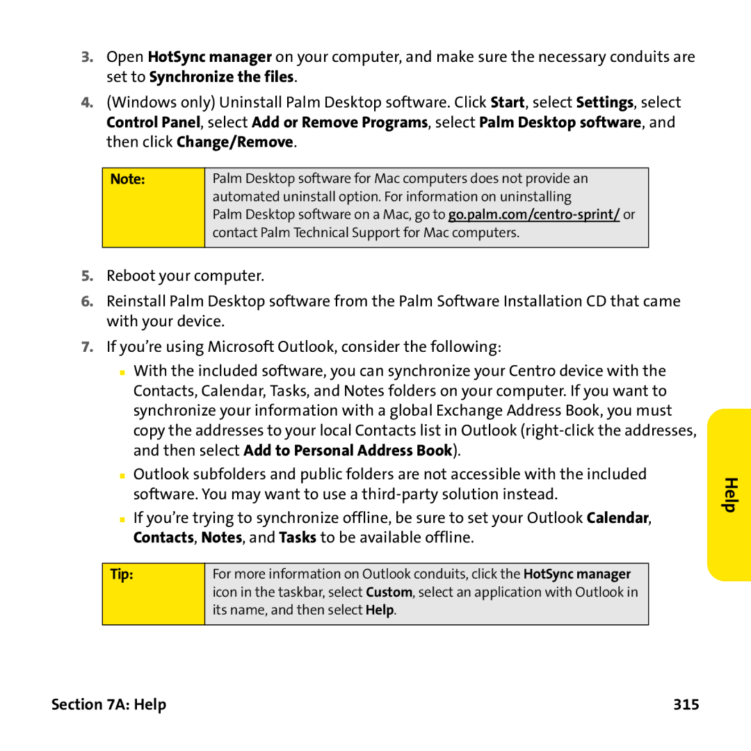 Palm PTR690HKP manual Help 315 